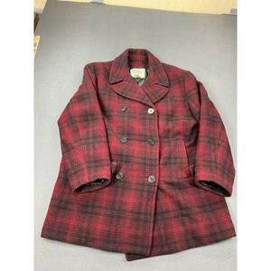 Eddie Bauer Coat Womens XL Red Wool Plaid Pea Coat Anchor Buttons Lined Nautical